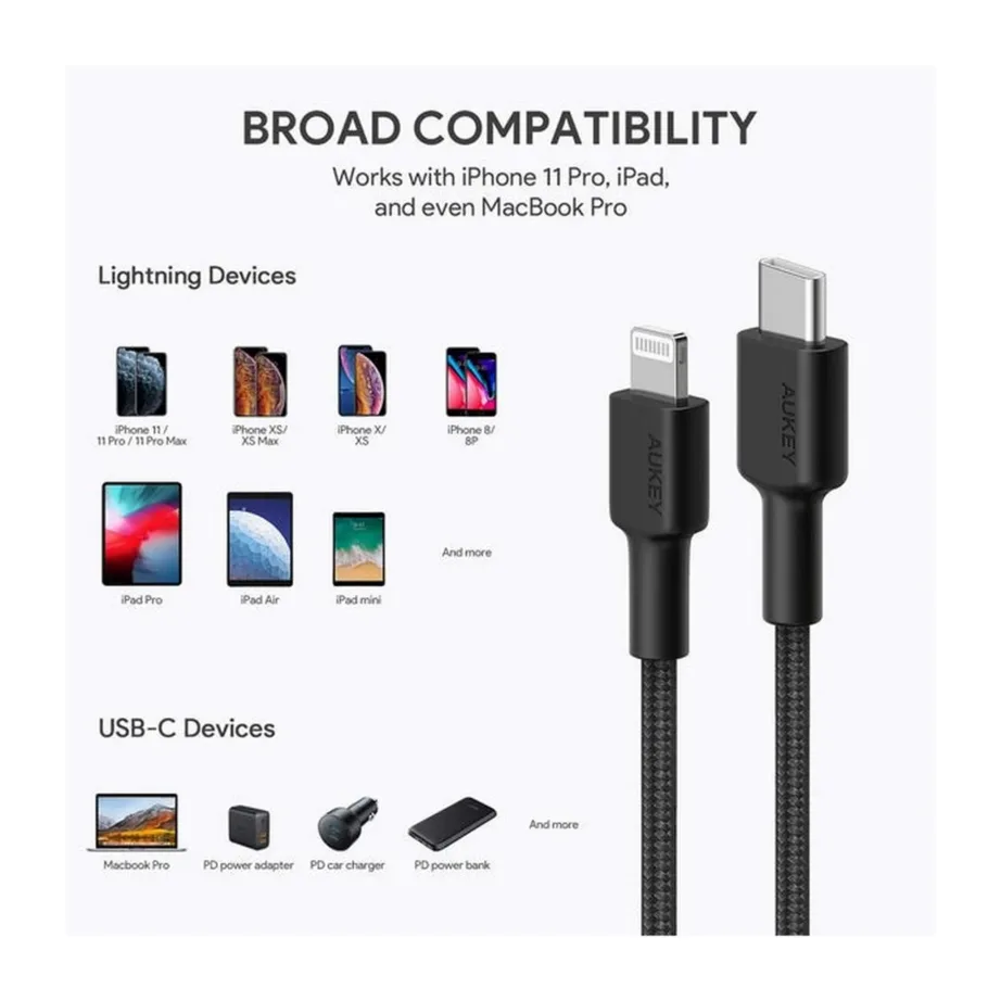 AUKEY CB-CL03 2 m must USB-C – Lightning MFi-sertifikaadiga andme- ja laadimiskaabel – 10