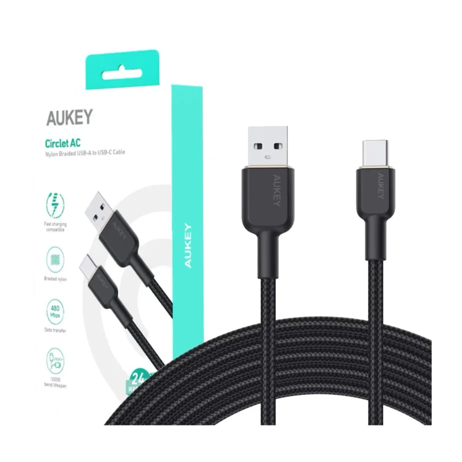 AUKEY CB-NAC2 1,8 m must USB-A – USB-C 60W 3A punutud andme- ja laadimiskaabel