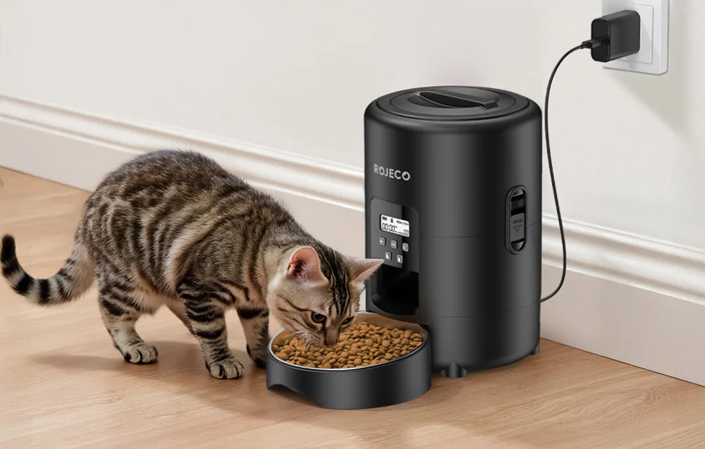 Kass sööb mustast toidudosaatorist; seade on vooluvõrgus