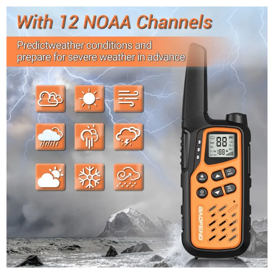 Baofeng BF-T25E 2 tk oranž laste PMR walkie-talkie, 16 kanalit, 10 km ulatus, VOX, LED, 1400 mAh Li-Ion aku – 12