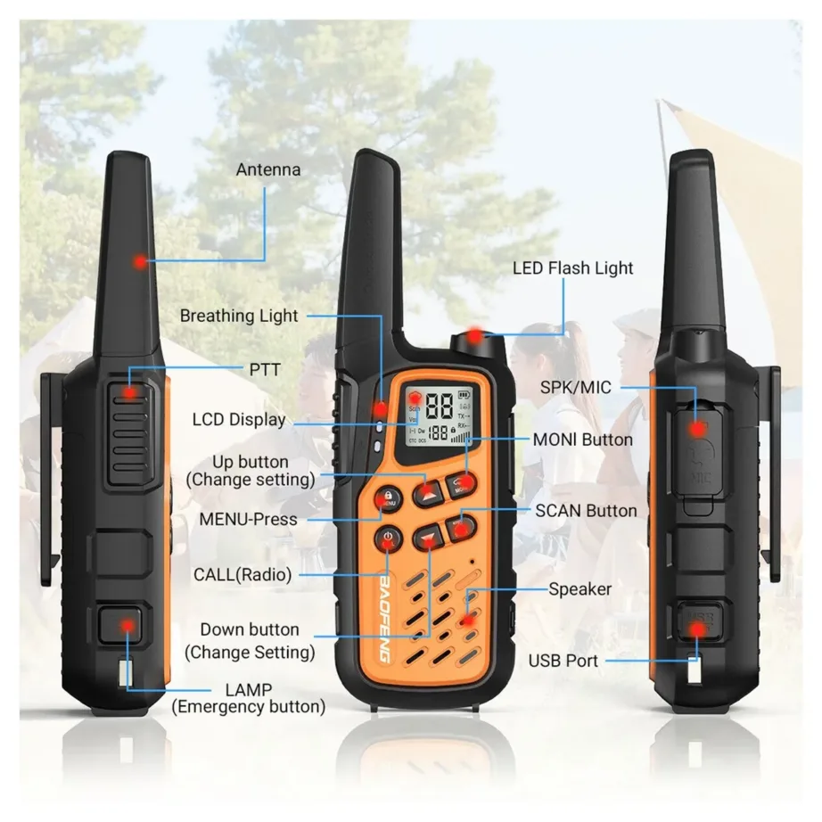 Baofeng BF-T25E 2 tk oranž laste PMR walkie-talkie, 16 kanalit, 10 km ulatus, VOX, LED, 1400 mAh Li-Ion aku – 13