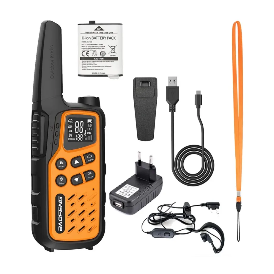 Baofeng BF-T25E 2 tk oranž laste PMR walkie-talkie, 16 kanalit, 10 km ulatus, VOX, LED, 1400 mAh Li-Ion aku – 3