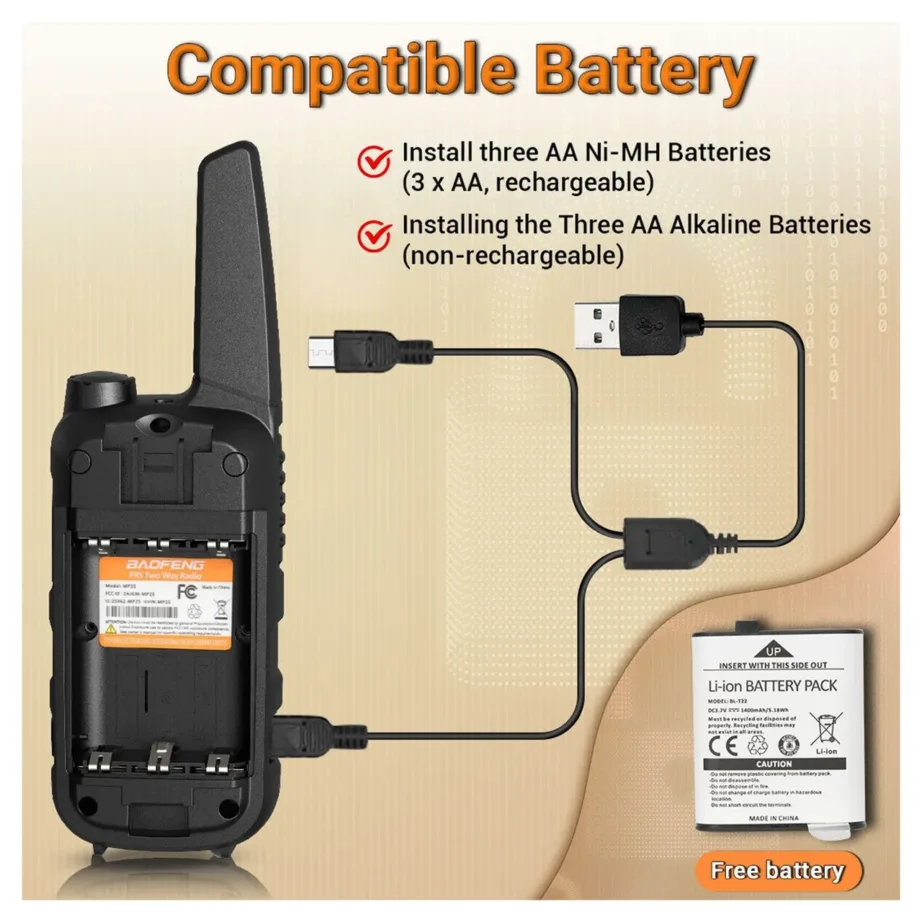 Baofeng BF-T25E 2 tk oranž laste PMR walkie-talkie, 16 kanalit, 10 km ulatus, VOX, LED, 1400 mAh Li-Ion aku – 6