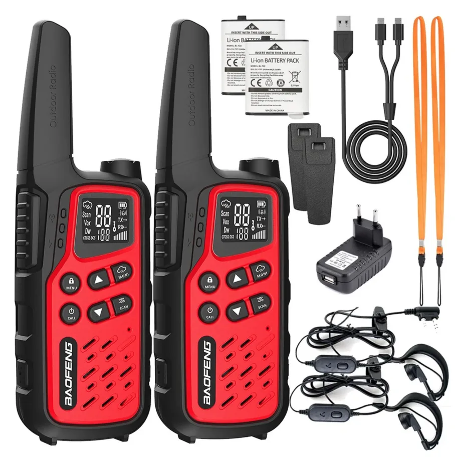 Baofeng BF-T25E 2 tk punane laste PMR-raadiosaatja 16 kanalit kuni 10 km, 1400 mAh aku, LED-taskulamp, VOX-funktsioon ja peakomplekti tugi – 2