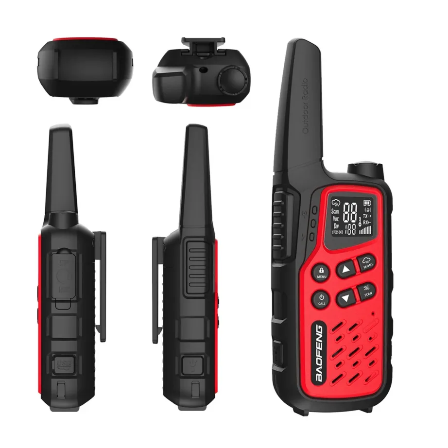 Baofeng BF-T25E 2 tk punane laste PMR-raadiosaatja 16 kanalit kuni 10 km, 1400 mAh aku, LED-taskulamp, VOX-funktsioon ja peakomplekti tugi – 3