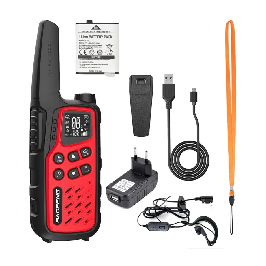 Baofeng BF-T25E 2 tk punane laste PMR-raadiosaatja 16 kanalit kuni 10 km, 1400 mAh aku, LED-taskulamp, VOX-funktsioon ja peakomplekti tugi – 4