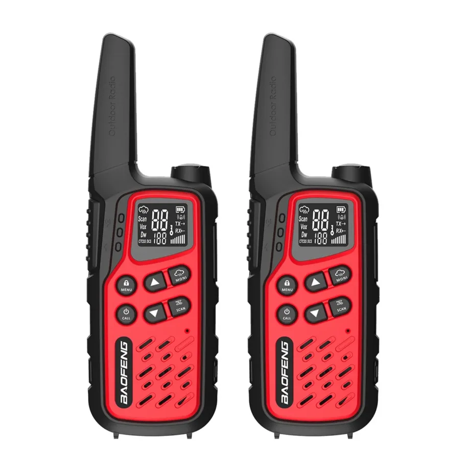 Baofeng BF-T25E 2 tk punane laste PMR-raadiosaatja 16 kanalit kuni 10 km, 1400 mAh aku, LED-taskulamp, VOX-funktsioon ja peakomplekti tugi