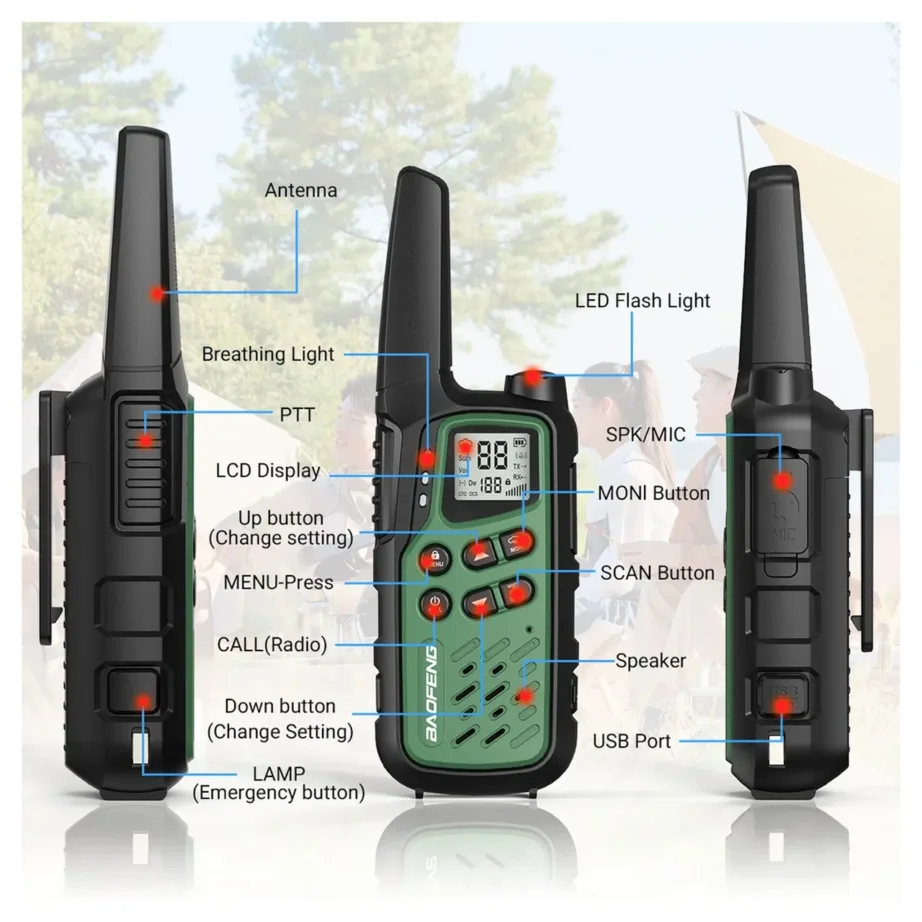Baofeng BF-T25E 2 tk rohelised PMR walkie-talkie’d lastele, 16 kanalit, 10 km, 1400mAh Li-Ion akudega – 14