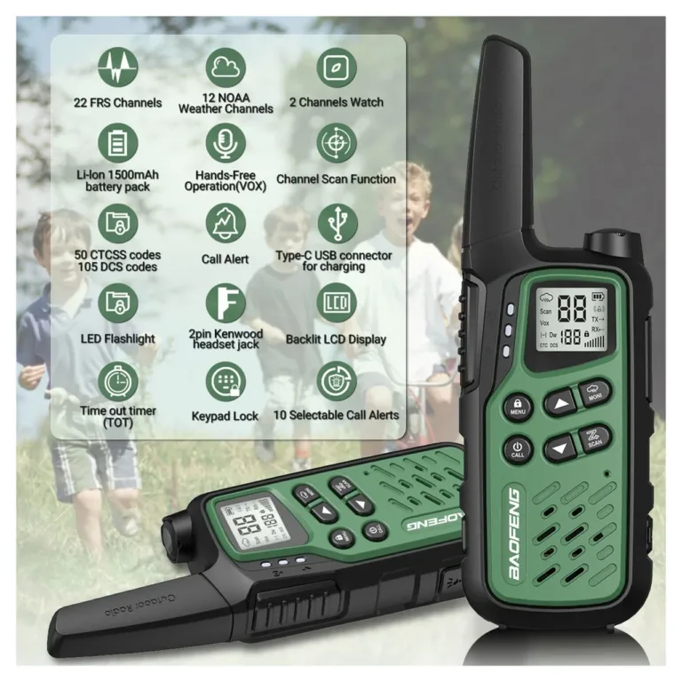 Baofeng BF-T25E 2 tk rohelised PMR walkie-talkie’d lastele, 16 kanalit, 10 km, 1400mAh Li-Ion akudega