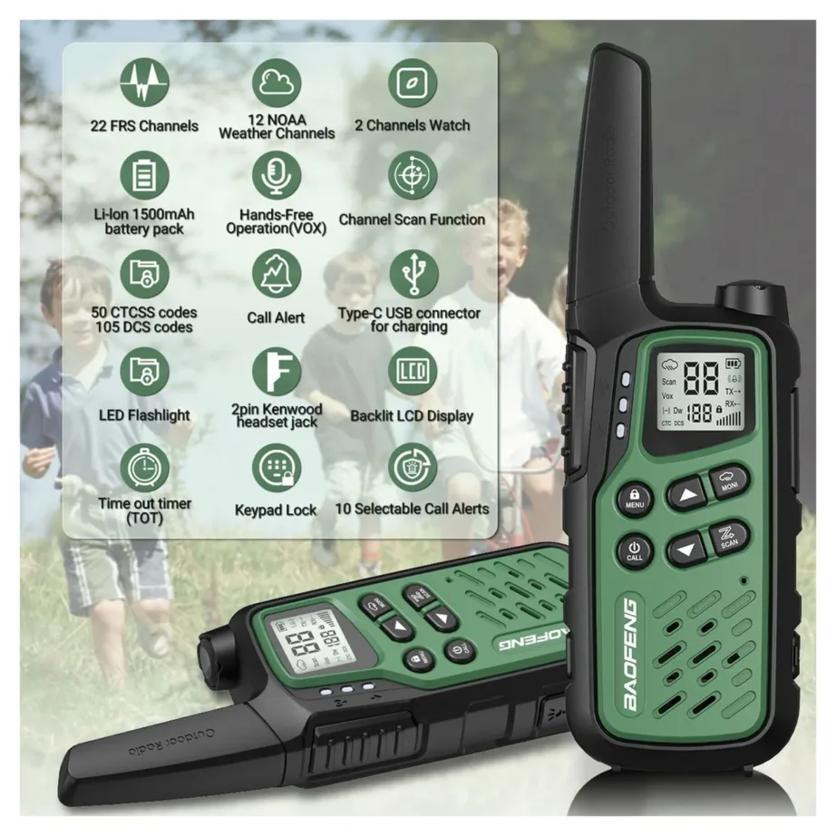 Baofeng BF-T25E 2 tk rohelised PMR walkie-talkie’d lastele, 16 kanalit, 10 km, 1400mAh Li-Ion akudega – 6