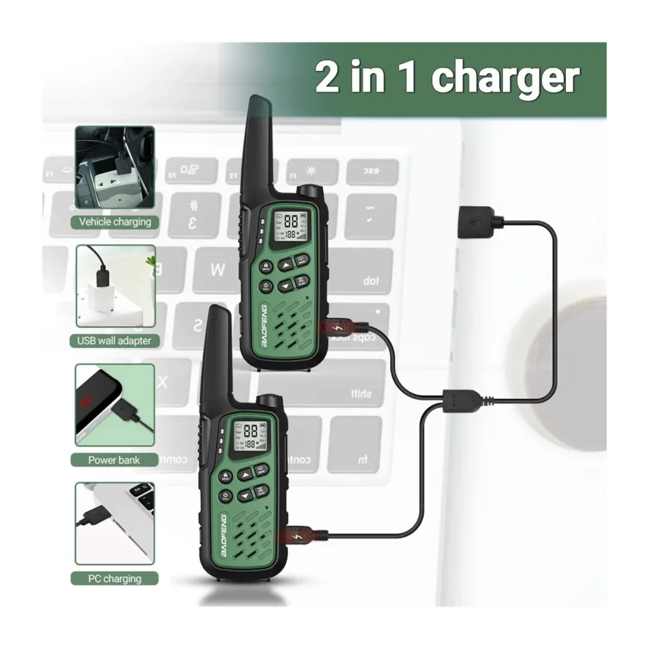 Baofeng BF-T25E 2 tk rohelised PMR walkie-talkie’d lastele, 16 kanalit, 10 km, 1400mAh Li-Ion akudega – 8