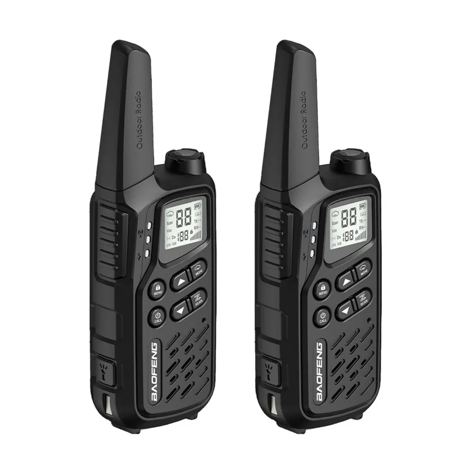 Baofeng BF-T25E must 2-osaline PMR lasteraadiosaatjate komplekt, 16 kanalit, VOX, LED, 10 km ulatus, Li-Ion aku, 155 alamkoodi