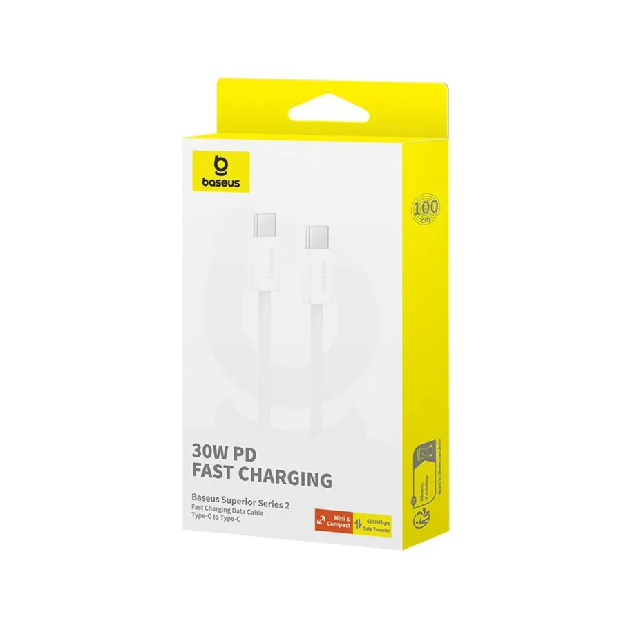 Baseus Superior P10365200211-00 1 m 30W valge USB-C–USB-C andme- ja laadimiskaabel, TPE/PC – 7