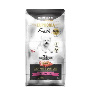 BIOFEED Euphoria Fresh 2 kg gluteenivaba kuivtoit väikest kasvu täiskasvanud koertele kalkuni- ja jäneselihaga
