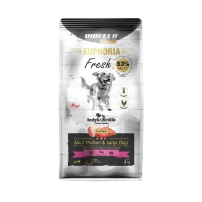 BIOFEED Euphoria Fresh 2 kg kalkuni ja küülikuga gluteenivaba kuivtoit täiskasvanud keskmistele ja suurtele koertele