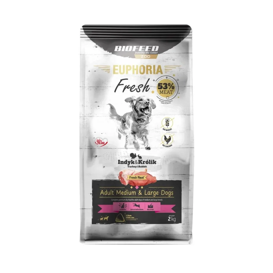 BIOFEED Euphoria Fresh 2 kg kalkuni ja küülikuga gluteenivaba kuivtoit täiskasvanud keskmistele ja suurtele koertele