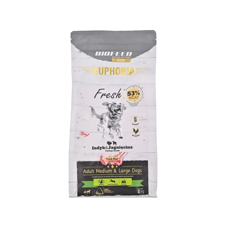 BIOFEED Euphoria Fresh 2 kg kalkuni- ja lambalihaga kuivtoit täiskasvanud keskmise ja suure tõu koertele, gluteenivaba