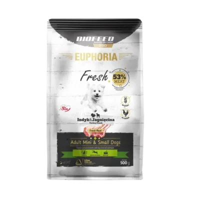 BIOFEED Euphoria Fresh 500 g kalkuni-lambaliha kuivtoit väikestele täiskasvanud koertele, gluteeni- ja sojavaba