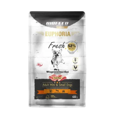 BIOFEED Euphoria Fresh 500g sealiha-hane kuivtoit väikest kasvu täiskasvanud koertele, gluteeni- ja kanalihavaba