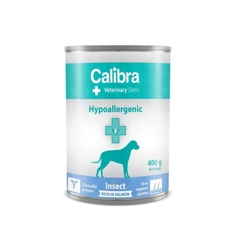 Calibra Veterinary Diets Hypoallergenic Insect & Salmon 400g täissööt täiskasvanud koertele, gluteenivaba konserv tundliku seedimise ja naha toetuseks