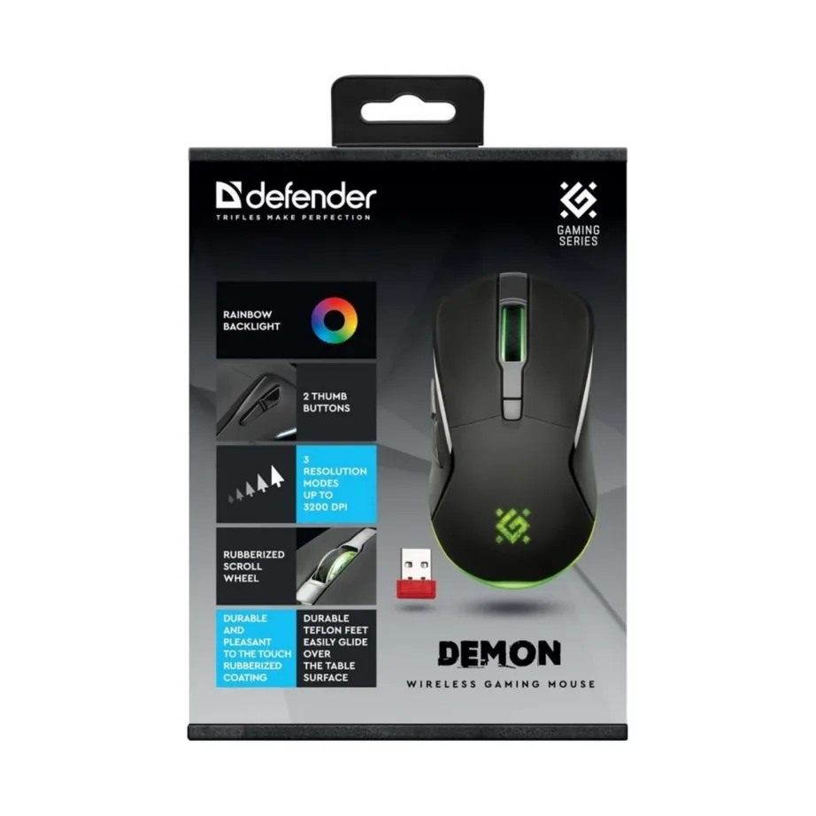Defender Demon GM-534 must 3200 DPI ambidextriline juhtmevaba mängurihiir optilise sensoriga, aku toitega, USB nano vastuvõtjaga – 6