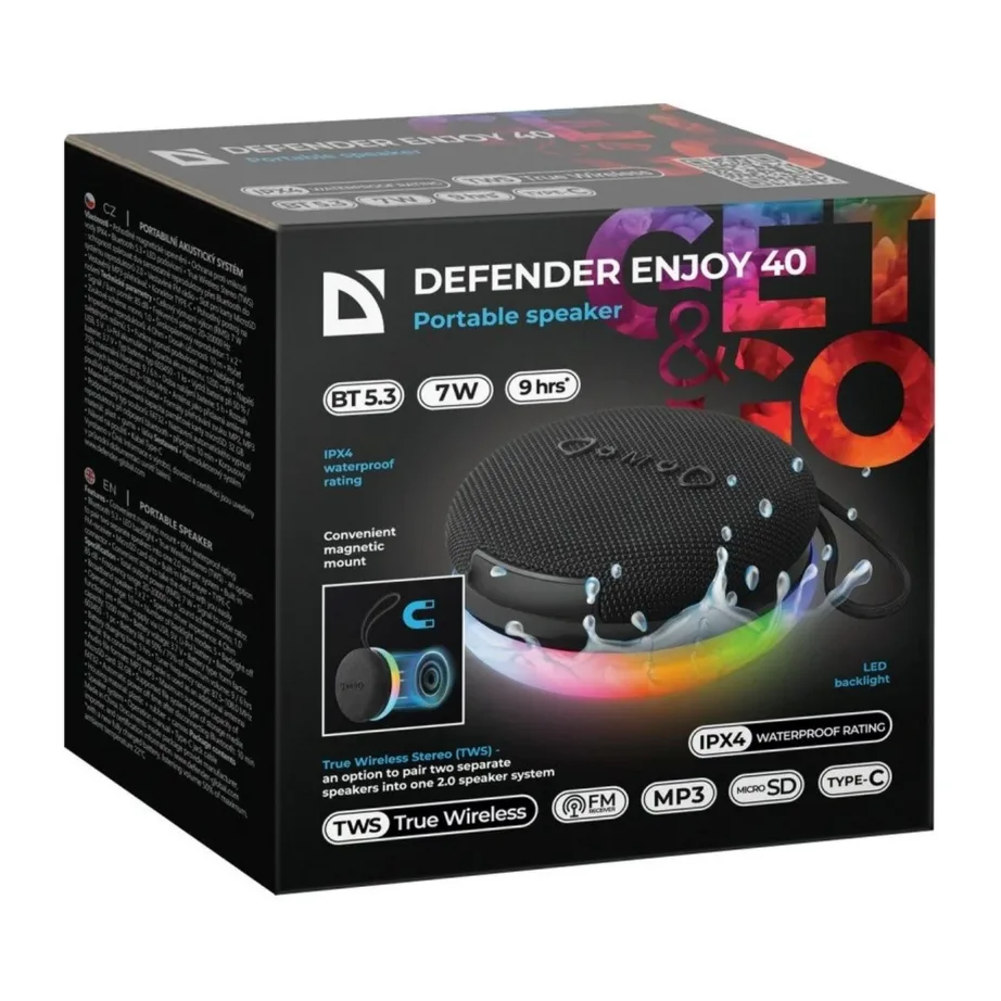 Defender Enjoy 40 7W must Bluetooth 5.3 LED-valgustusega kaasaskantav kõlar, 9 h aku, plastkorpus, mudel 65141 – 6