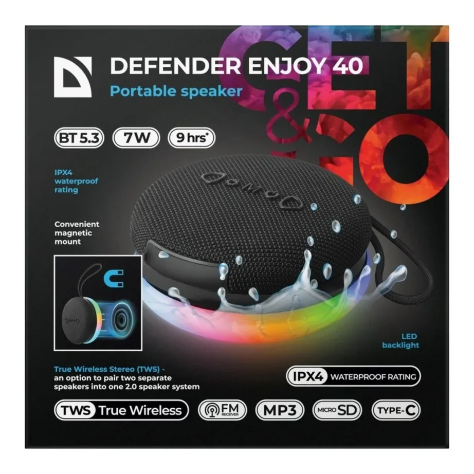 Defender Enjoy 40 7W must Bluetooth 5.3 LED-valgustusega kaasaskantav kõlar, 9 h aku, plastkorpus, mudel 65141 – 9