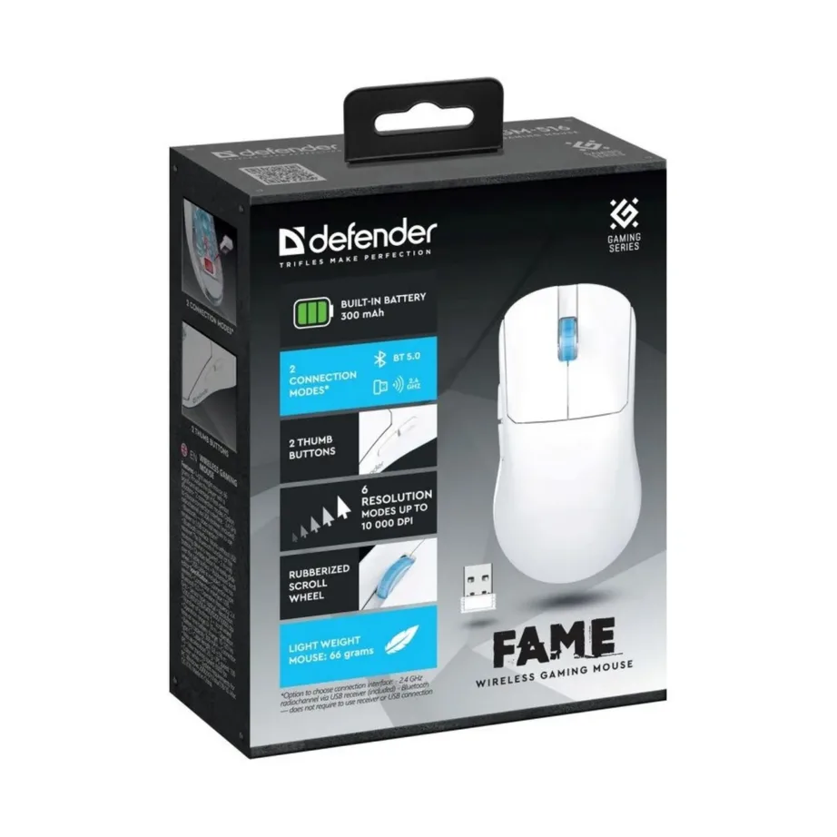 Defender Fame GM-516 10000DPI valge juhtmevaba ambidextrous mängurihiir Bluetooth+USB, 5 nuppu, 66 mm kõrge – 5