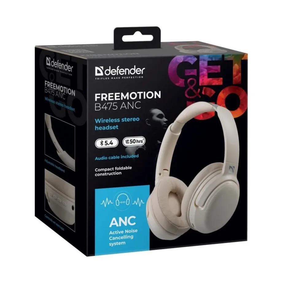 Defender FreeMotion B475 ANC Bluetooth 40mm juhtmevabad üle-kõrva kõrvaklapid USB-C, AUX, mürasummutusega, beež – 2