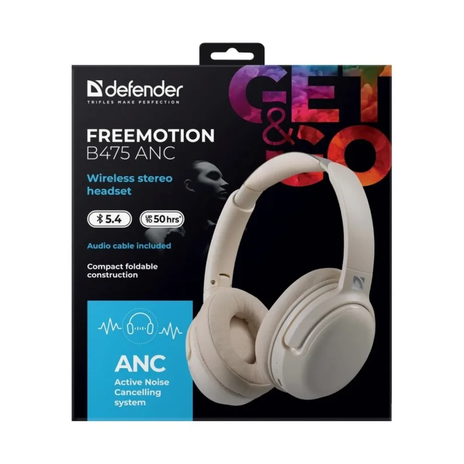 Defender FreeMotion B475 ANC Bluetooth 40mm juhtmevabad üle-kõrva kõrvaklapid USB-C, AUX, mürasummutusega, beež – 3