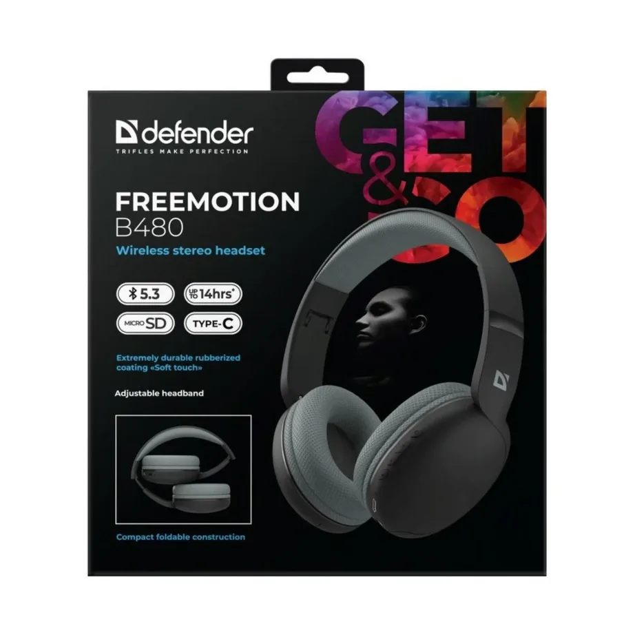 Defender FreeMotion B480 mustad Bluetooth juhtmevabad kõrvaklapid USB-C ja 3,5 mm sisendiga, suletud akustika, 99 dB, binauraalne – 2