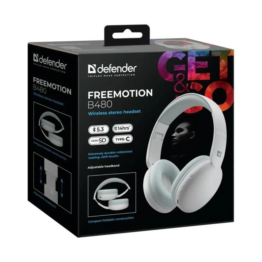 Defender FreeMotion B480 valged juhtmevabad USB-C AUX kõrvaklapid, 20–20000 Hz, suletud, peapaelaga – 10