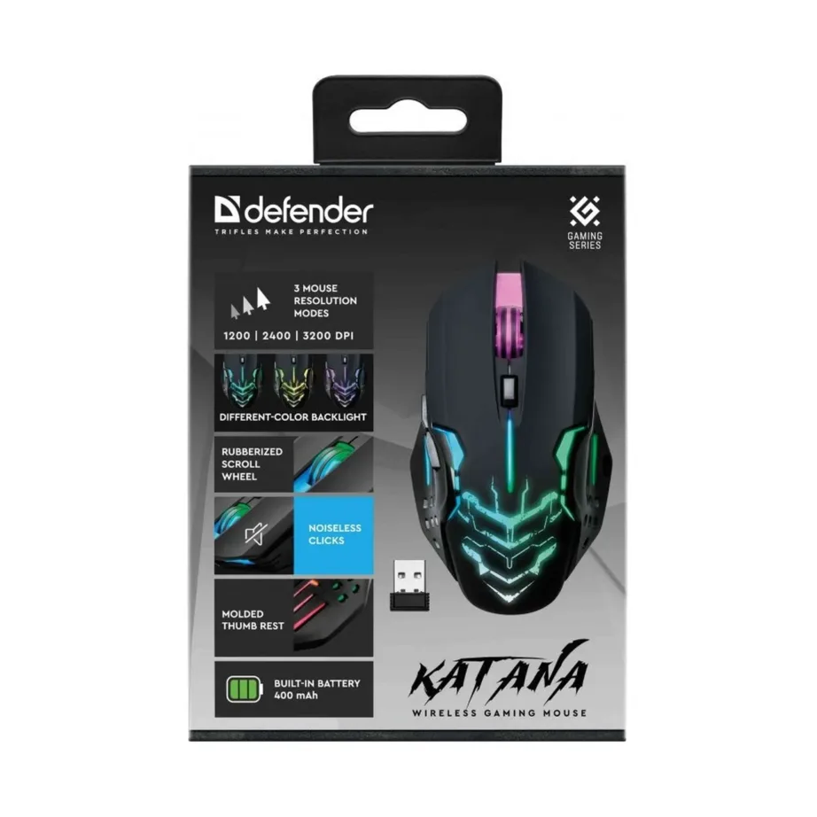 Defender Katana GM-511 must 2.4 GHz juhtmevaba 3200 DPI 7-režiimiga mängurihiir, USB nano-vastuvõtjaga, ergonoomiline, 127x73x38 mm – 2
