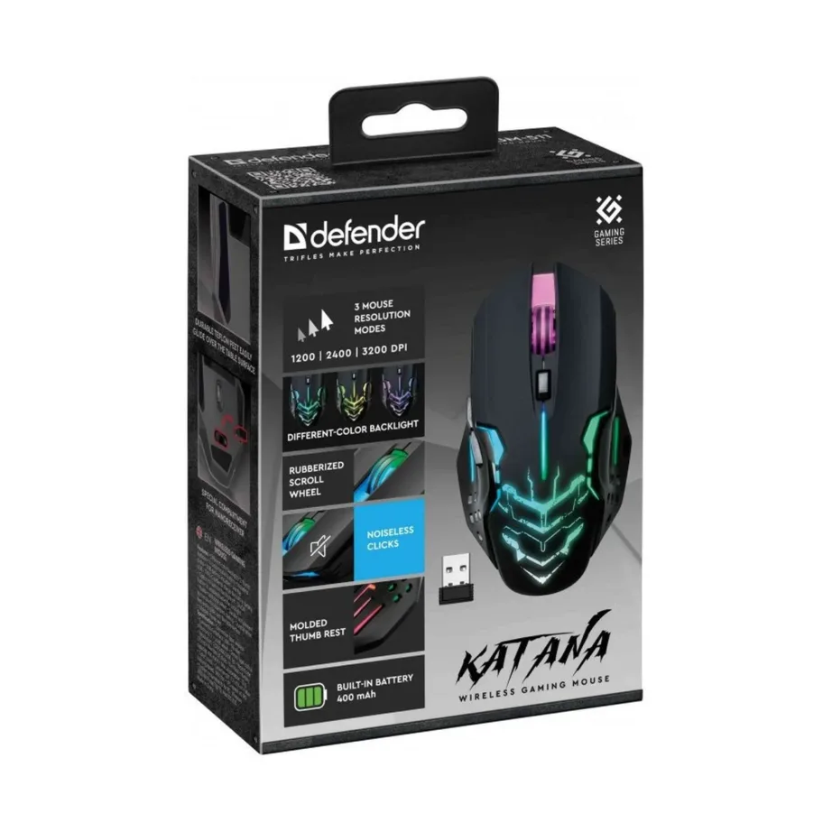 Defender Katana GM-511 must 2.4 GHz juhtmevaba 3200 DPI 7-režiimiga mängurihiir, USB nano-vastuvõtjaga, ergonoomiline, 127x73x38 mm – 4