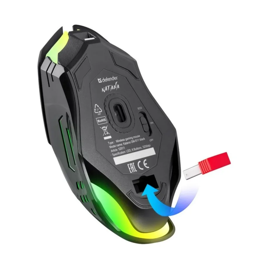 Defender Katana GM-511 must 2.4 GHz juhtmevaba 3200 DPI 7-režiimiga mängurihiir, USB nano-vastuvõtjaga, ergonoomiline, 127x73x38 mm – 7