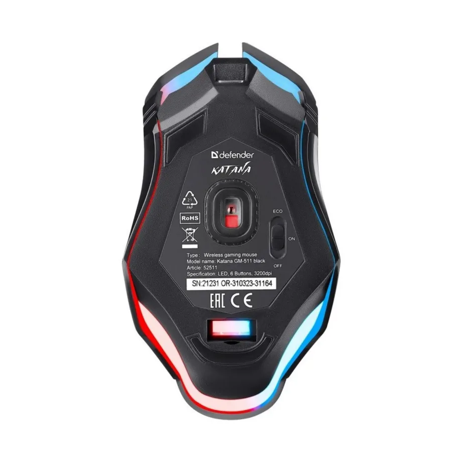 Defender Katana GM-511 must 2.4 GHz juhtmevaba 3200 DPI 7-režiimiga mängurihiir, USB nano-vastuvõtjaga, ergonoomiline, 127x73x38 mm – 9