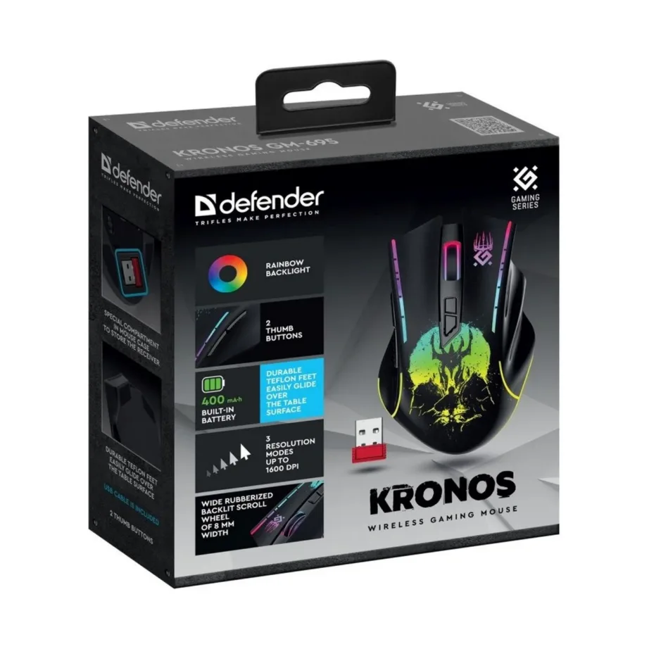 Defender Kronos GM-695 juhtmevaba 2,4 GHz mängurihiir, must, 1600 DPI, 7 nuppu, USB nano vastuvõtja – 8