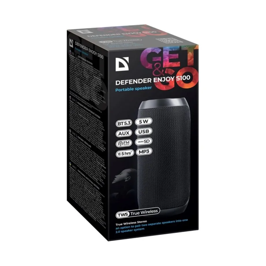 Defender S100 5W must Bluetooth 5.3 kaasaskantav kõlar LED-valgustuse ja sisseehitatud mikrofoniga, 157x72x70 mm, 5-tunnine aku kestus – 5