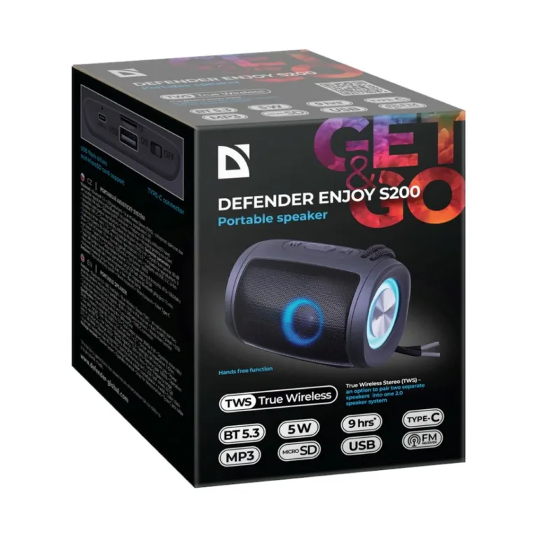 Defender S200 5W must Bluetooth 5.3 LED-valgustusega kaasaskantav kõlar, aku kestab kuni 10 tundi, sisseehitatud mikrofon