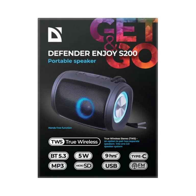 Defender S200 5W must Bluetooth 5.3 LED-valgustusega kaasaskantav kõlar, aku kestab kuni 10 tundi, sisseehitatud mikrofon