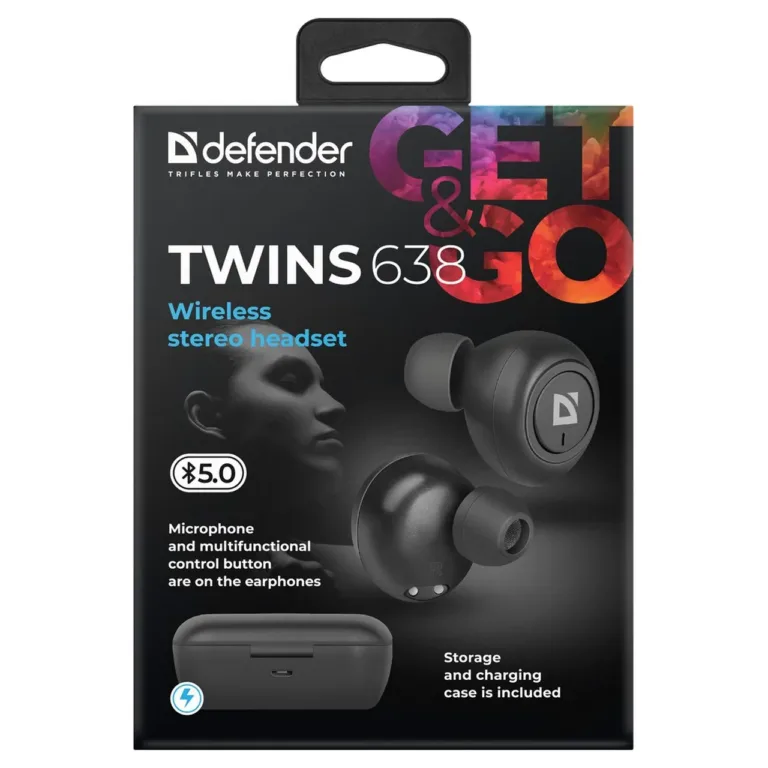 Defender Twins 638 mustad juhtmevabad in-ear Bluetooth 5.0 kõrvaklapid mikrofoniga, muusika ja kõnede jaoks