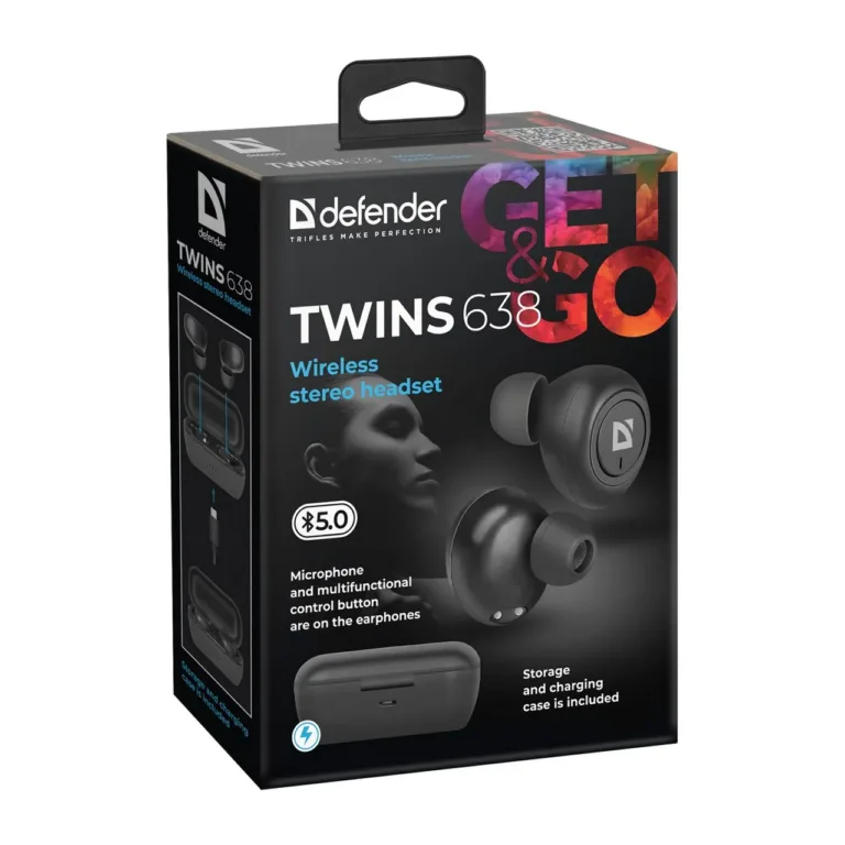 Defender Twins 638 mustad juhtmevabad in-ear Bluetooth 5.0 kõrvaklapid mikrofoniga, muusika ja kõnede jaoks