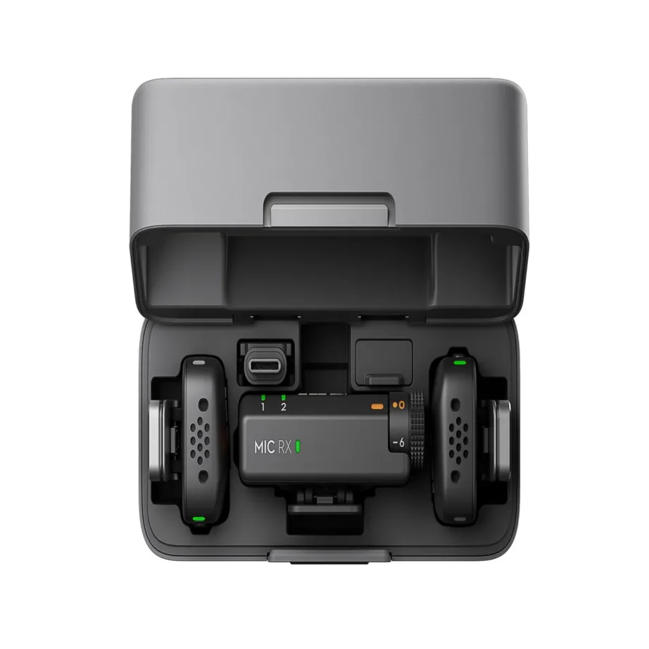 DJI Mic Mini 2 saatja ja vastuvõtjaga juhtmevaba mikrofonisüsteem, kuni 400 m ulatus, kõiksuunaline mikrofon, 3,5 mm heliväljund, kaasaskantav laadimiskohver – 2