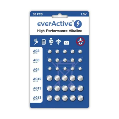 everActive AGMIX30BL 30-osaline mini alkaalipatareide komplekt (10x AG3/LR41, 5x AG4/LR626, 5x AG10/LR1130, 10x AG13/LR1154) ühekordsed patareid