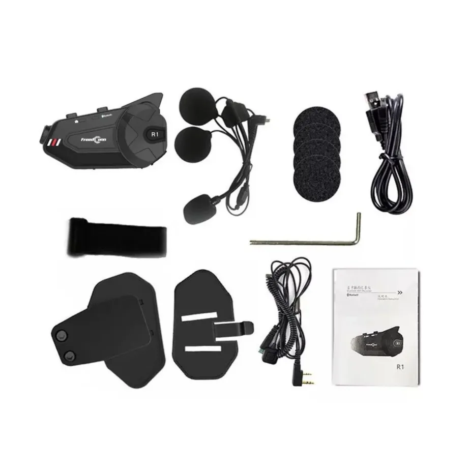 FreedConn R1 PLUS E must 1000 m Bluetooth 5.0 mootorratta kiivri intercom IP65, Full HD kaamera, FM-raadio, 30h aku, WiFi – 6