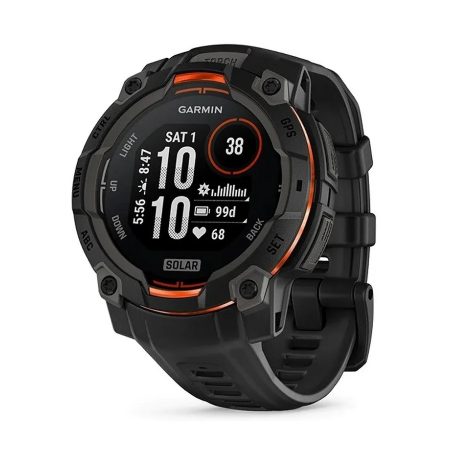 Garmin Instinct 3 Solar 45 mm musta silikoonrihmaga vastupidav GPS-nutikell, 10 ATM veekindlus, 672 h aku, pulsi- ja aktiivsusmonitor, iOS/Android