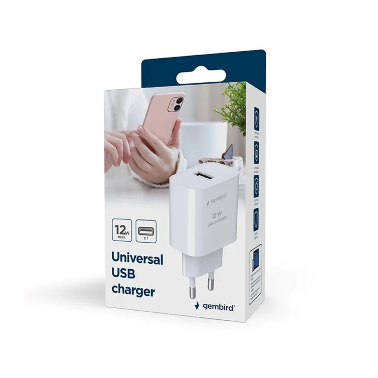 Gembird TA-UC-1A12-01 2.4A 12W valge USB-seinalaadija nutitelefonile, tahvelarvutile ja nutikellale