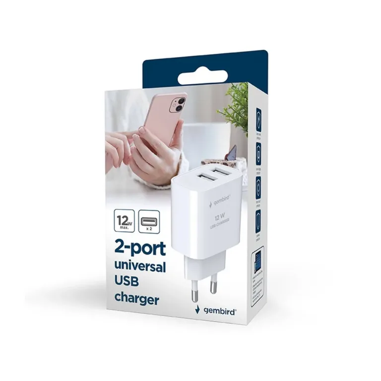 Gembird TA-UC-2A12-01-BK 2xUSB 2,4A valge universaalne seinalaadija siseruumidesse