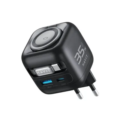 Havit UC250 A-EU 35W GaN must USB-C reisilaadija, 0,7 m kaabel, juhtmevaba laadimine, ABS/PC