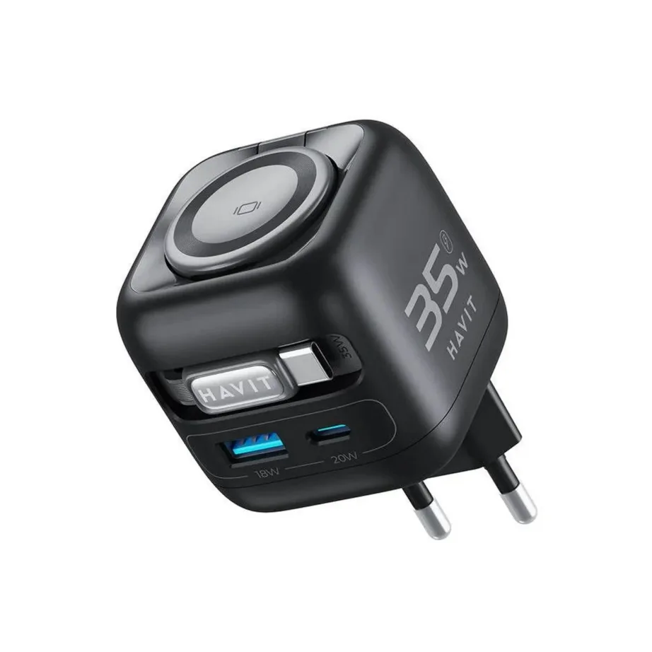 Havit UC250 A-EU 35W GaN must USB-C reisilaadija, 0,7 m kaabel, juhtmevaba laadimine, ABS/PC